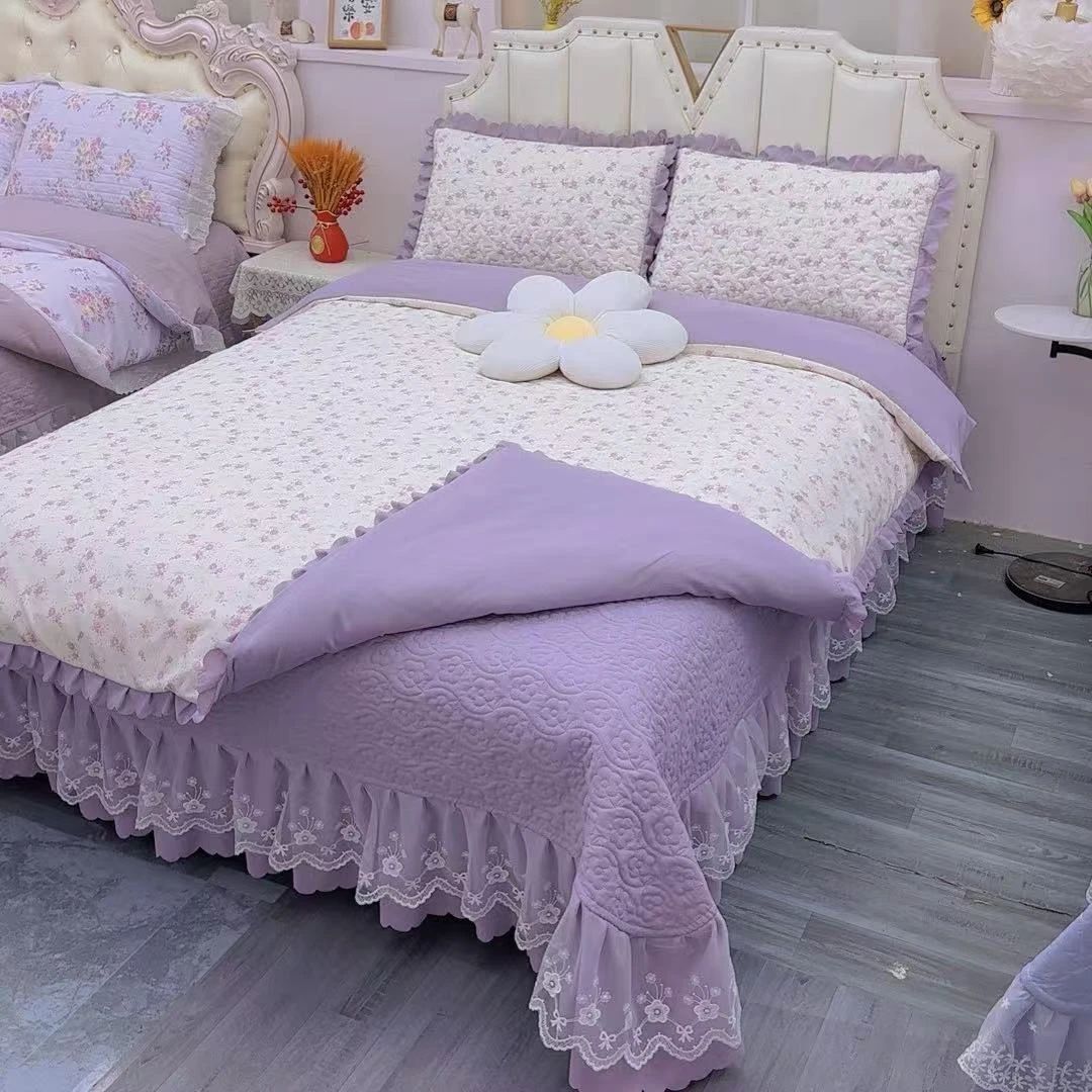 2025春夏新款床盖款四件套韩版蕾丝花边三件套夹棉防滑床盖
