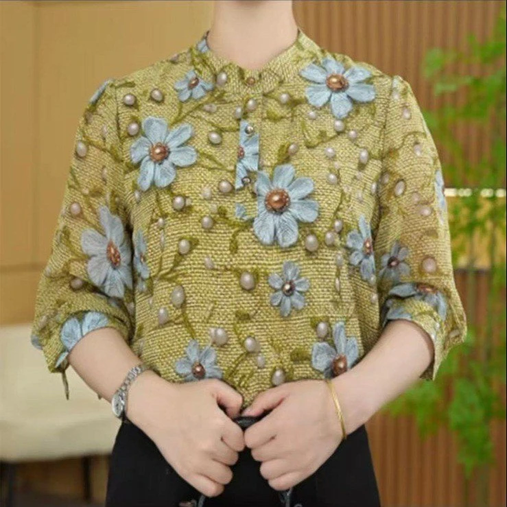 46-夏季新款不起球七分袖套头常规袖碎花衬衫显瘦女装洋气上衣