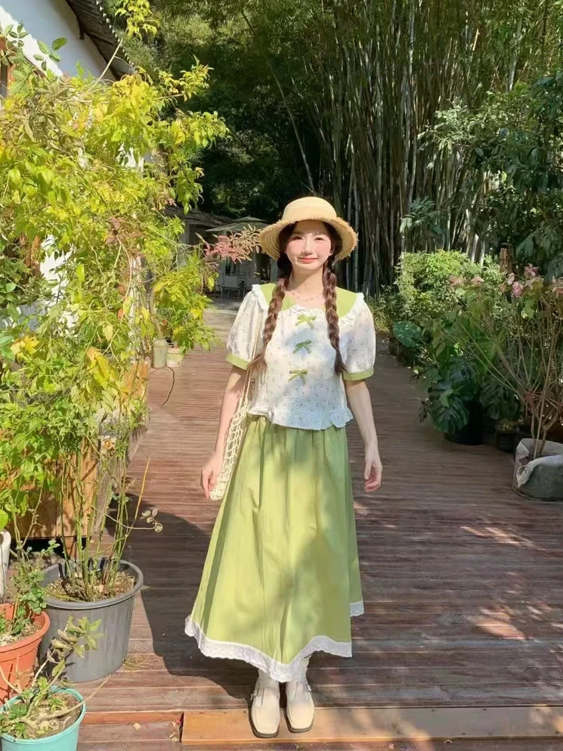 【团团女装】微胖大码女装夏季娃娃领短袖套头复古提花莫奈花园风