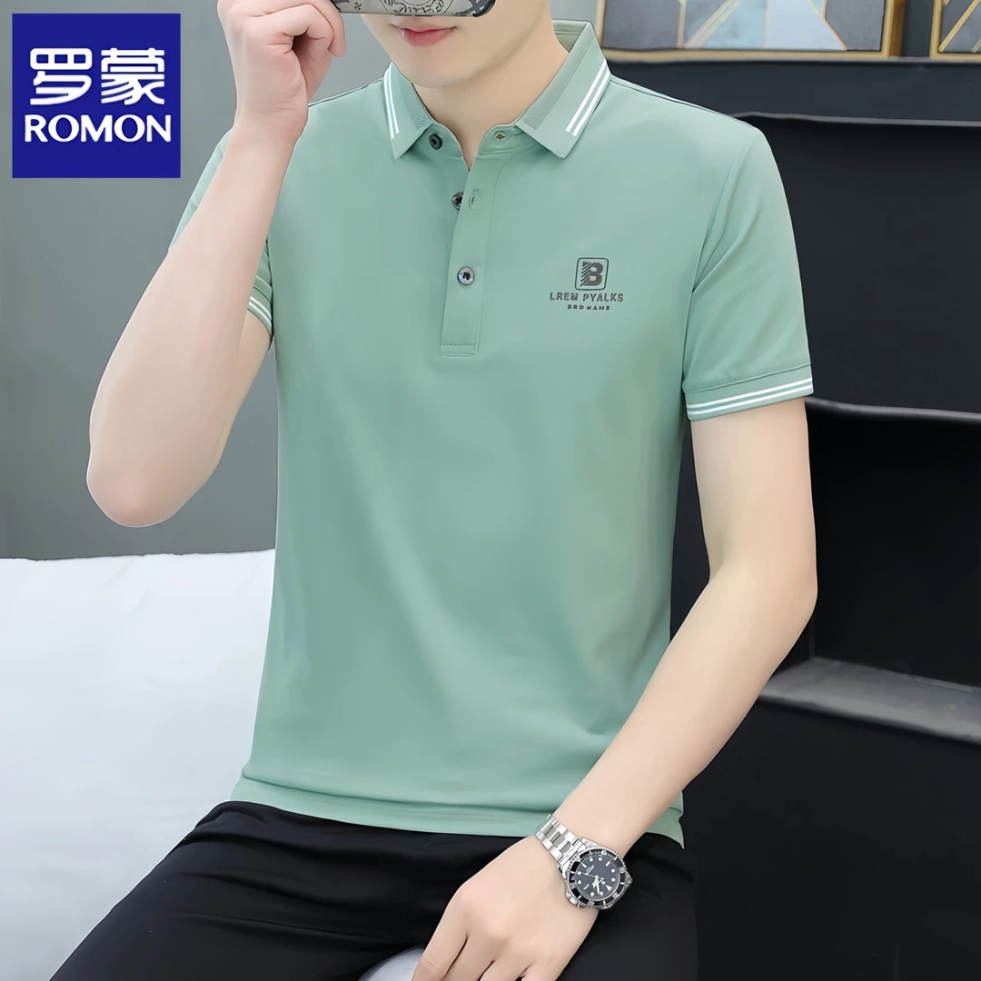 Romon/罗蒙夏季休闲薄款中青年男士百搭短袖T恤印花翻领polo衫男