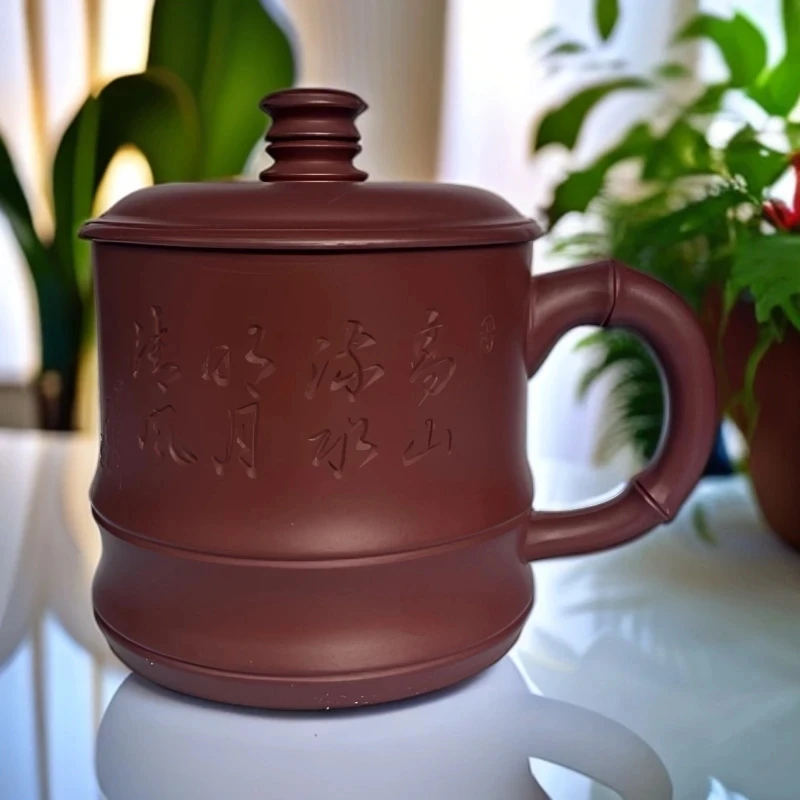 宜兴原矿紫砂纯手工高档红皮龙高山流水盖杯竹节杯带盖红泥6