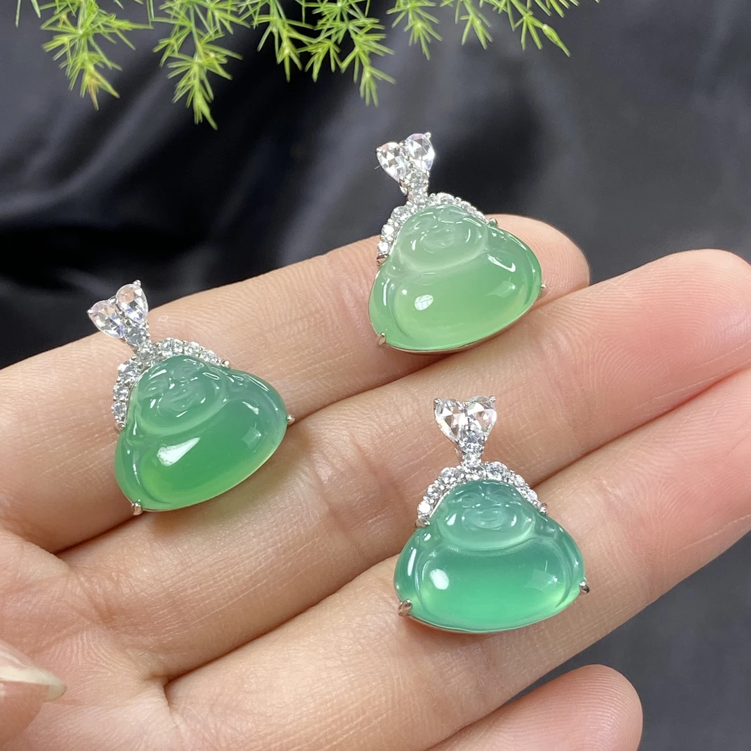 镯-葫芦玉髓甜绿爱心扣头小佛公挂件镶嵌S925银女款玉石吊坠大气
