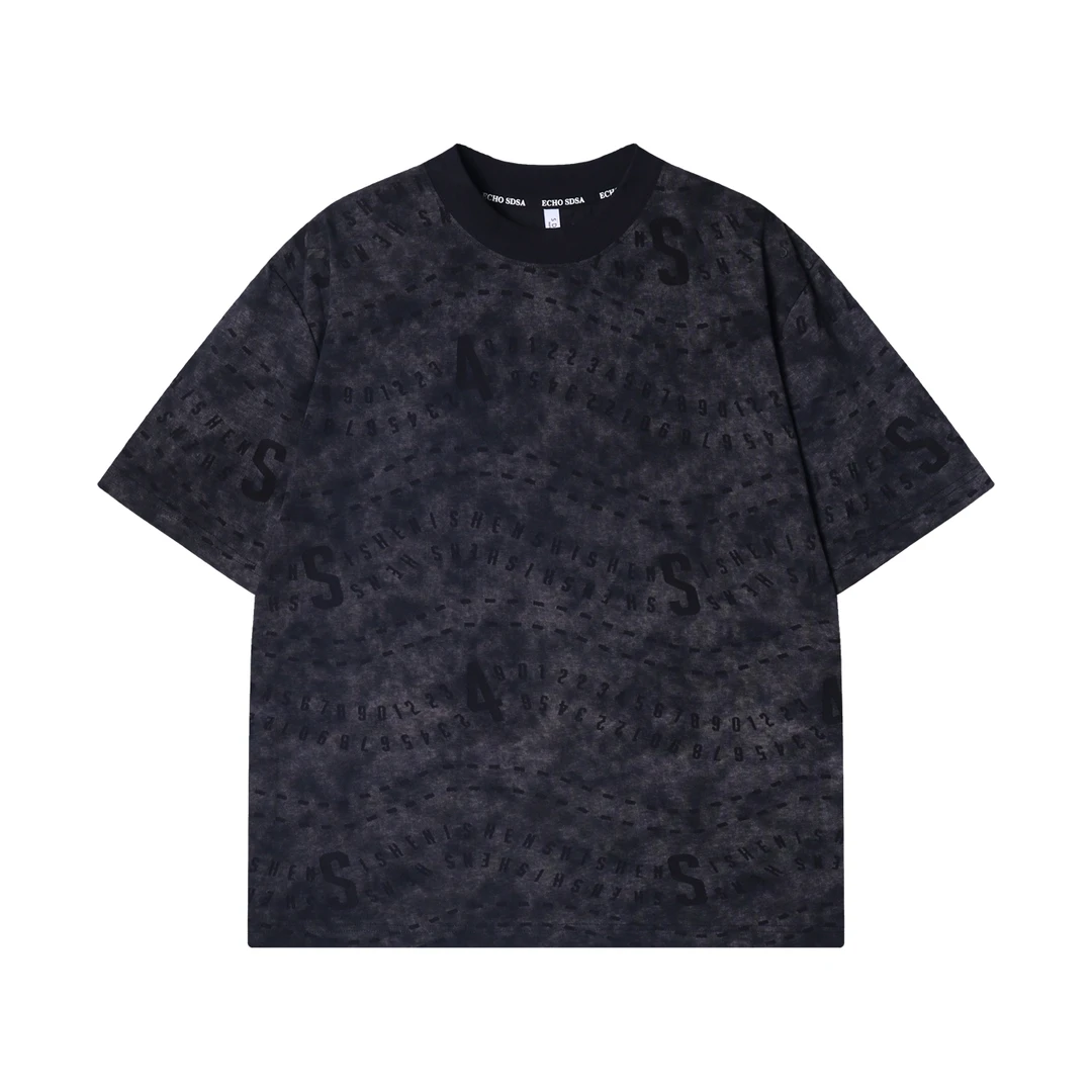 夏季高级感新款美式扎染满印字母圆领短袖T恤宽松休闲潮流上衣