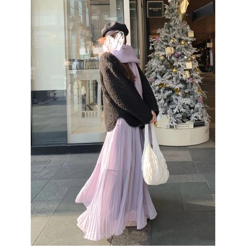 温柔风紫色半身裙2025新款高腰仙女裙早春气质百搭压褶裙长裙