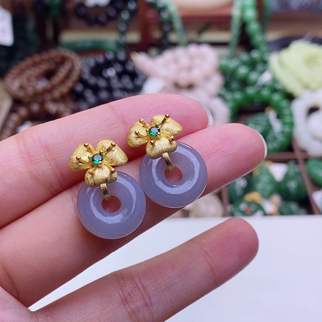 和田玉未镶嵌颈饰高冰冰烟紫银耳钉