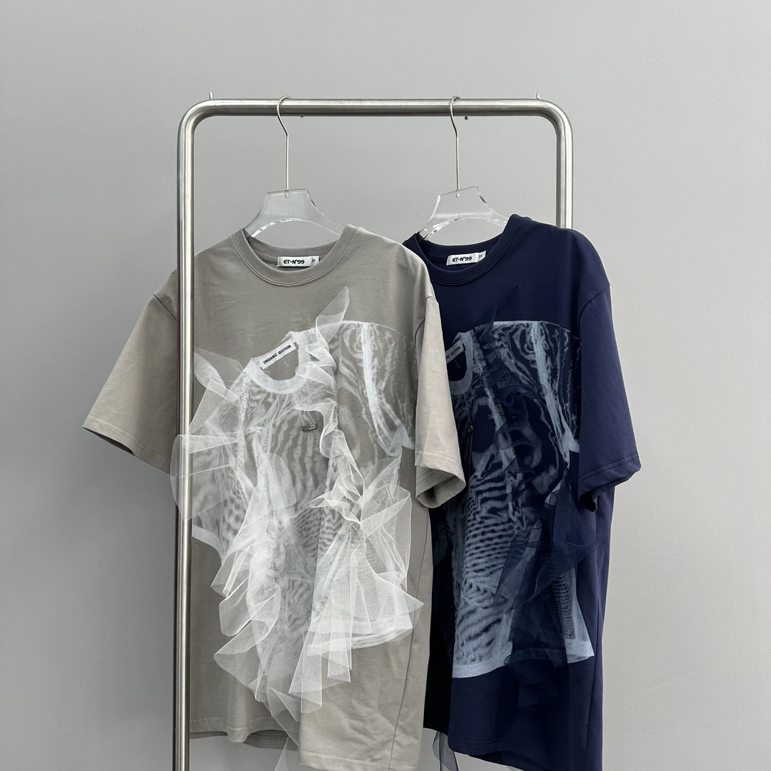 【罗马画报】小众设计师感轻奢2025夏季新款网纱拼接印花T恤3251