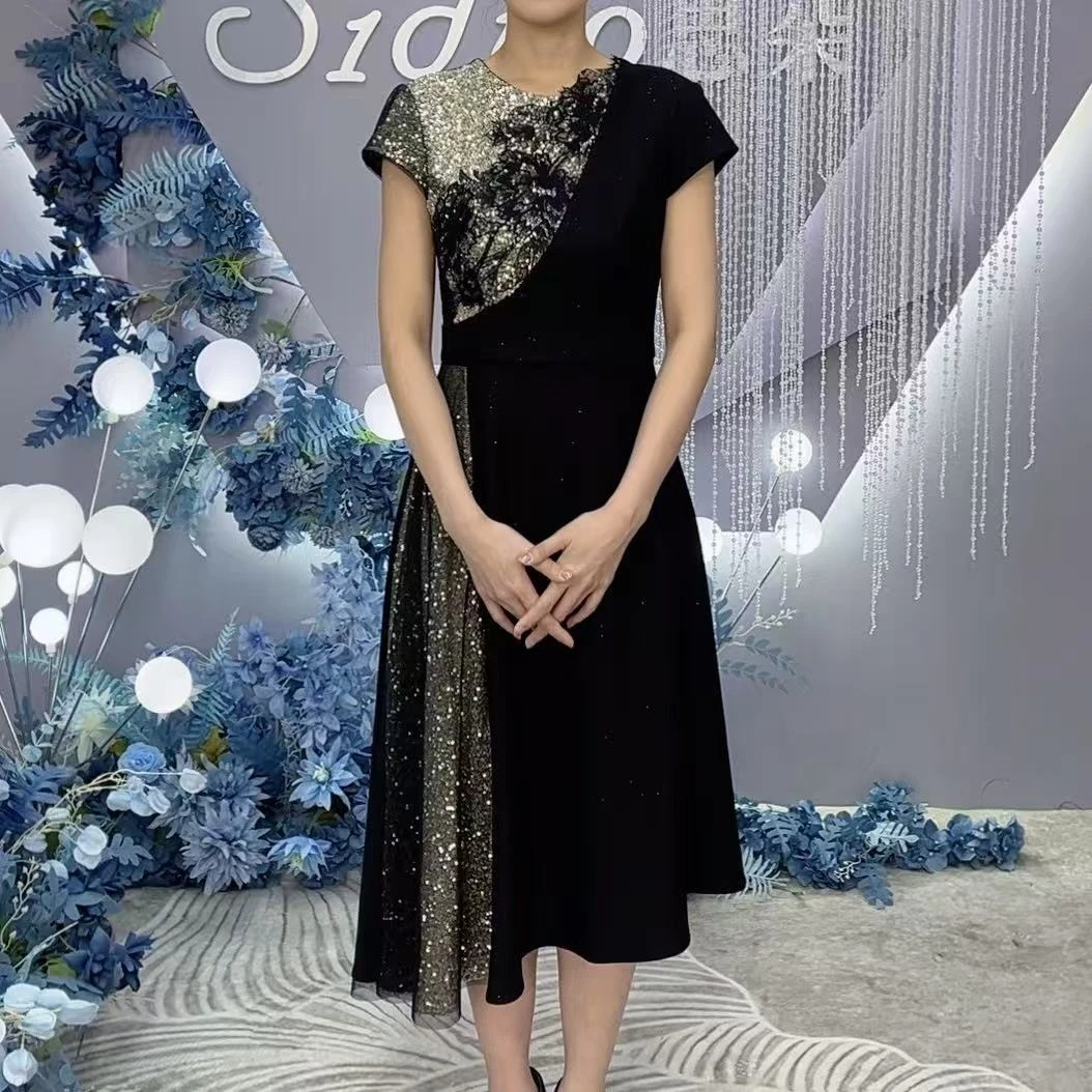 Y24163礼服女黑色新款夏季拼接气质原创设计宴会刺绣显瘦连衣裙
