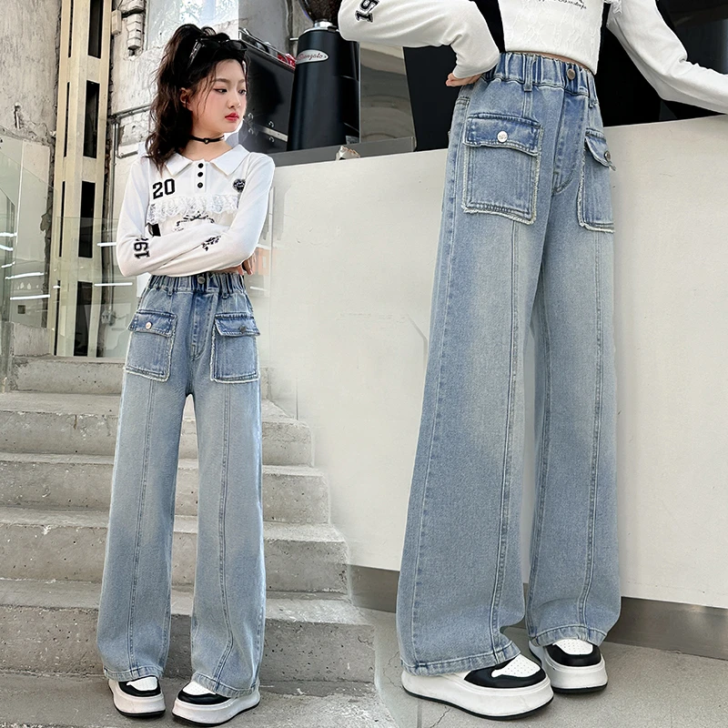 窄版牛仔裤2025新款6-12岁潮款中大童春秋阔腿裤儿童口袋直筒裤潮