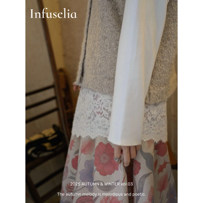 Infuselia弥椿「岚雾」抓绒浪漫下摆斜边花边拼接保暖叠穿打底衫