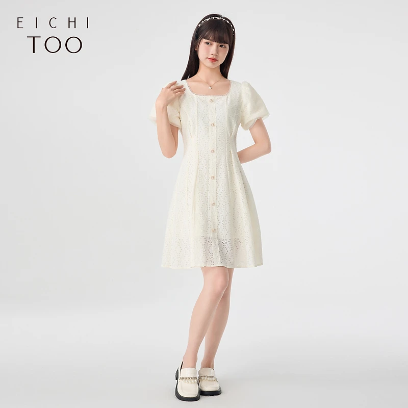 爱居兔夏季女装棉感蕾丝面料短袖连衣裙EQLBJ2N032A