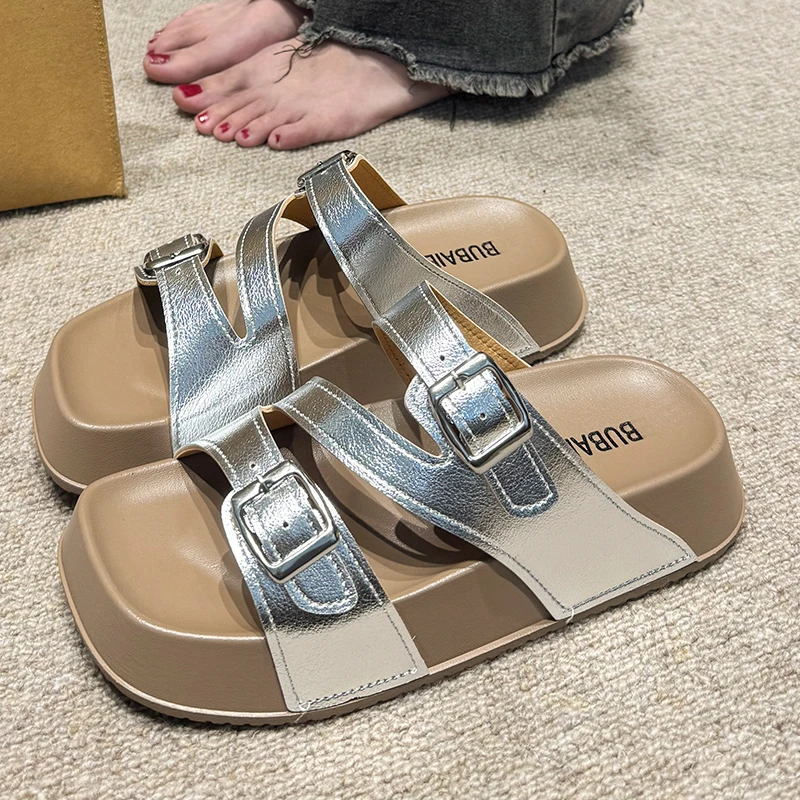 韩版女鞋日常外穿一字厚底拖凉鞋舒适夏季一字型露趾百搭平底