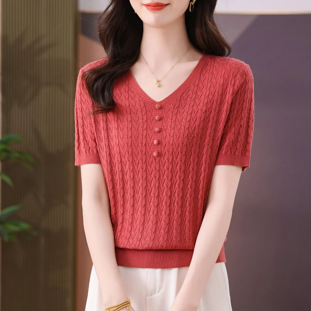 【天丝】洋气镂空V领小衫2025新款夏薄款爆款短袖女宽松显瘦妈妈装