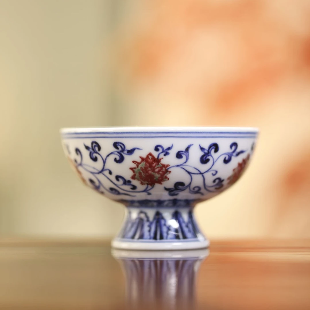 小桥窑仿明釉里红缠枝莲大高足杯-手工陶瓷有差异