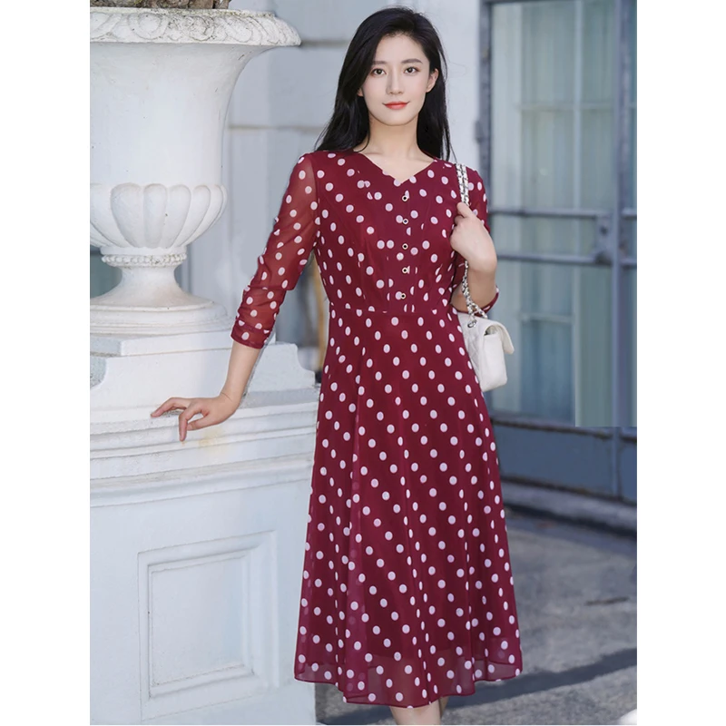 【红色波点】2025春新款V领波点印花收腰连衣裙显瘦中长裙