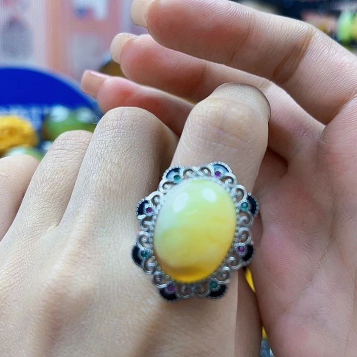 优***美蜜蜡银S925镶嵌裸石戒指