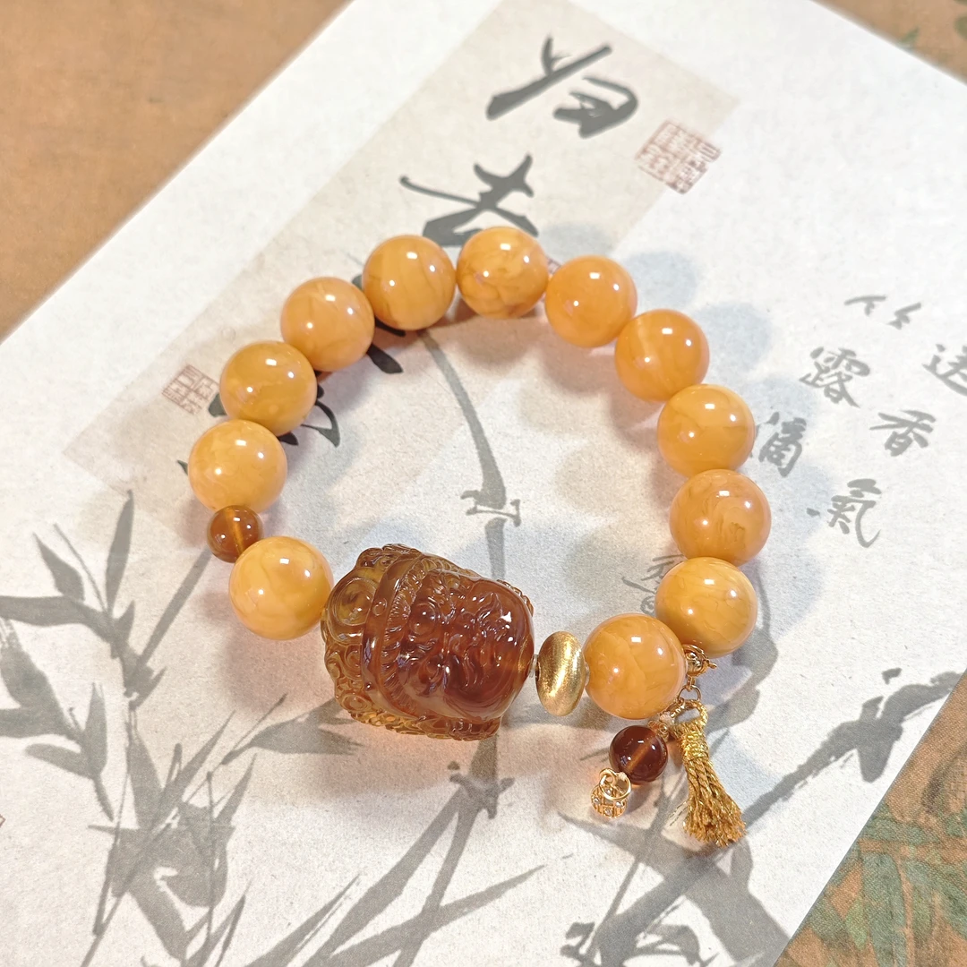 【鸿汐】ZX244805蜜蜡花蜡单圈手串diy缅珀大黑天13mm+