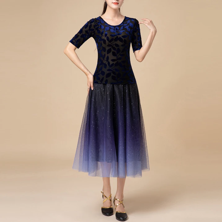 广场舞服装新款套装演出短袖星空渐变网纱长裙表演出舞蹈跳舞服女