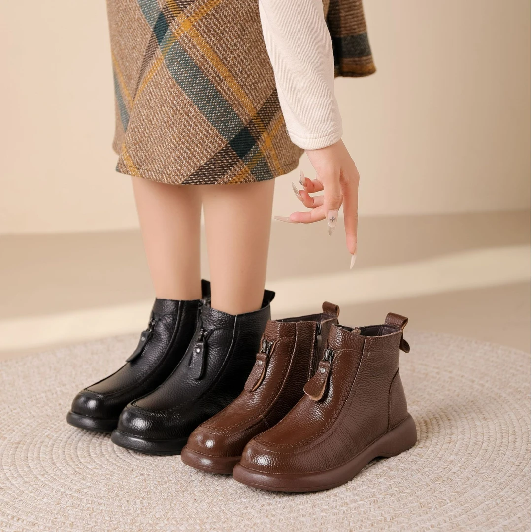 休闲风冬季防滑中跟压花拉链短靴妈妈鞋休闲时尚保暖羊毛牛皮靴子