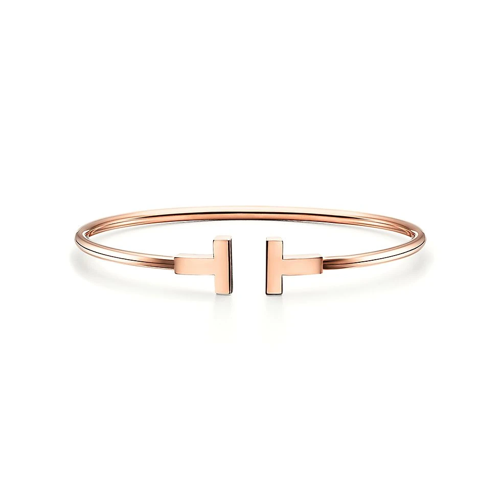 99新 Tiffany & Co./蒂芙尼 18K玫瑰金双T无钻手镯宽版L号W48844