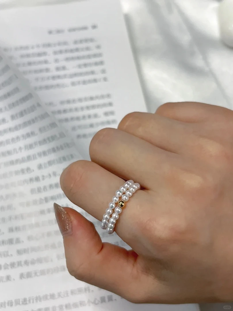 S925银饰  baby珠戒指 3-4mm 正圆极光几乎无暇时尚百搭贝珠精致