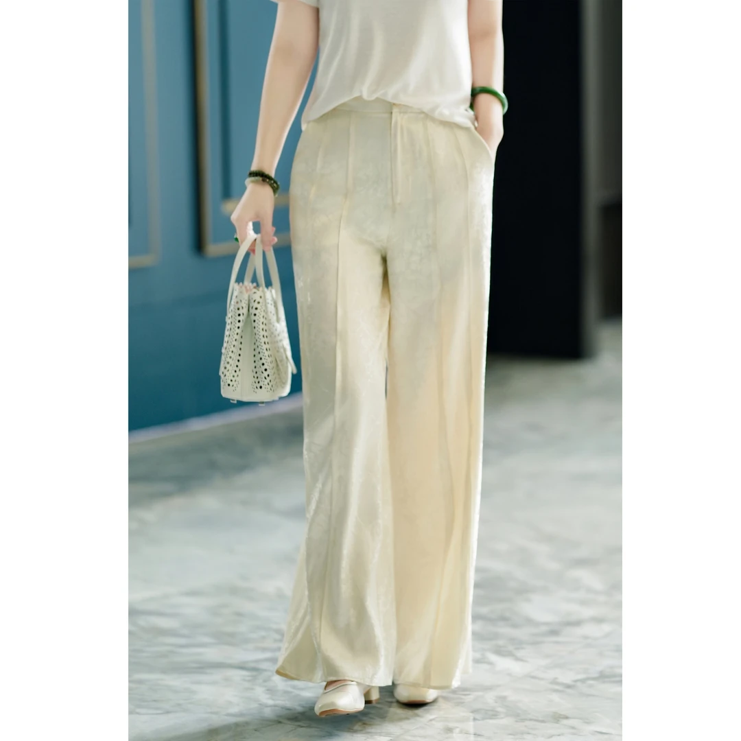 西子/【拂云】新中式提花光泽感后松紧通勤百搭直筒高腰裤/KZTJ134