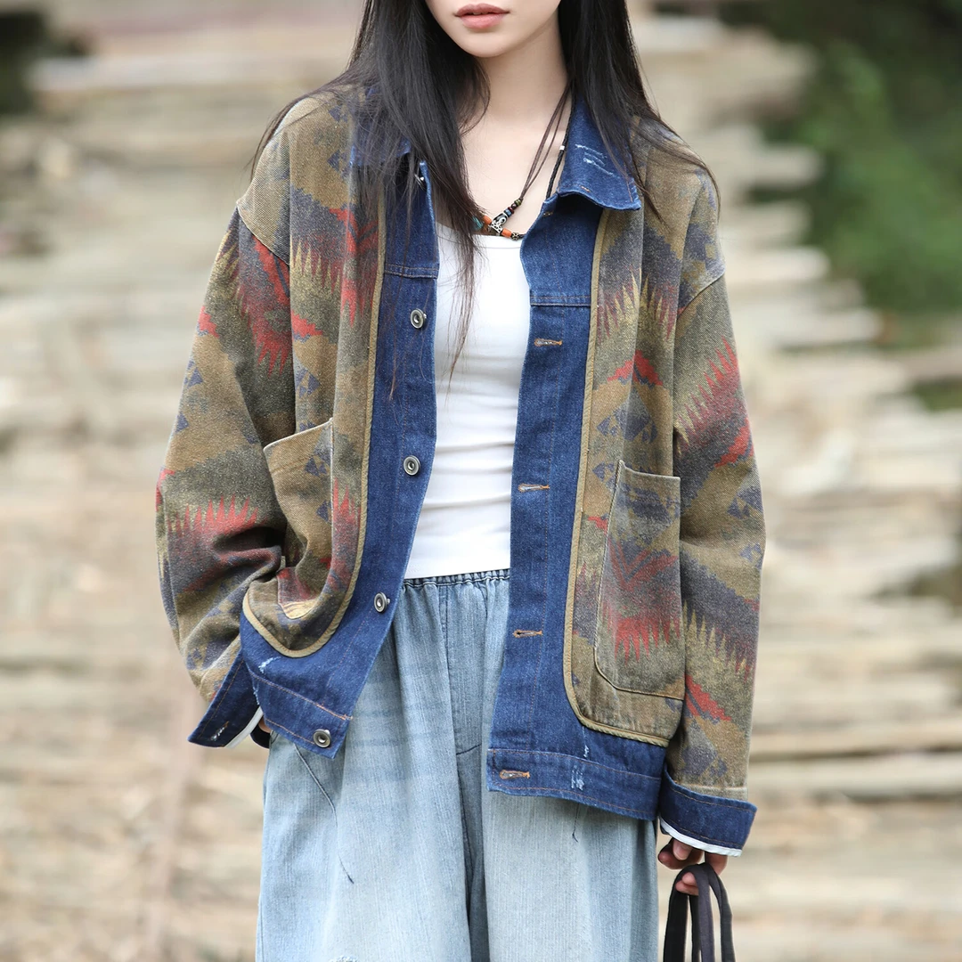 乱在江南时尚复古牛仔棉外套女装秋季新品宽松舒适假两件拼接上衣