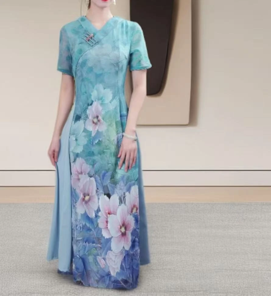 983紫 3-1-3 蓝1-2-4 绝美奥黛旗袍连衣裙新中式改良宽松显瘦