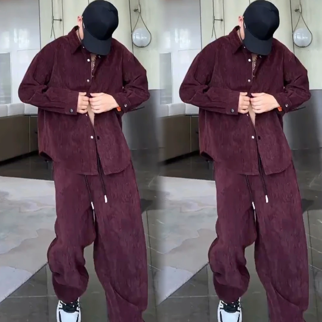 春秋雪尼尔砂洗工艺休闲套装男士潮流痞帅翻领衬衫外套长裤两件套