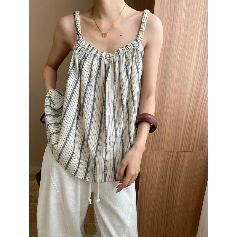 JODIEWANG后背绑带造型设计感竖条纹撞色吊带背心 SN6793