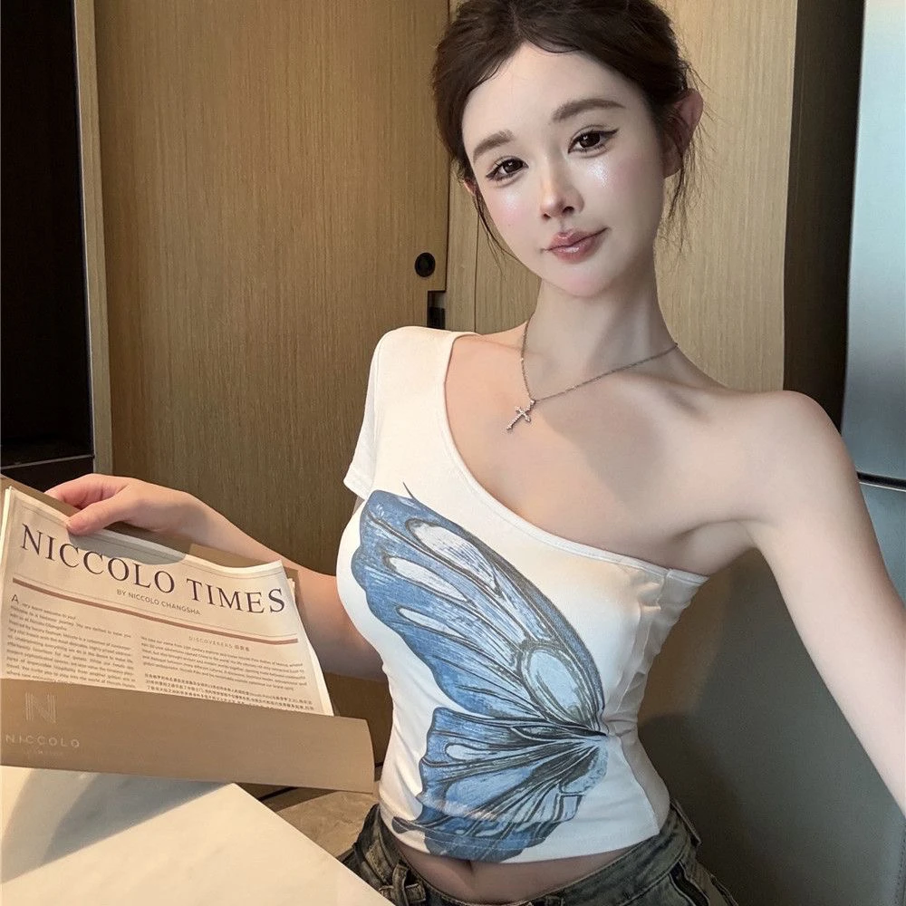 辣妹风蝴蝶印花单边袖自带胸垫短款短袖上衣