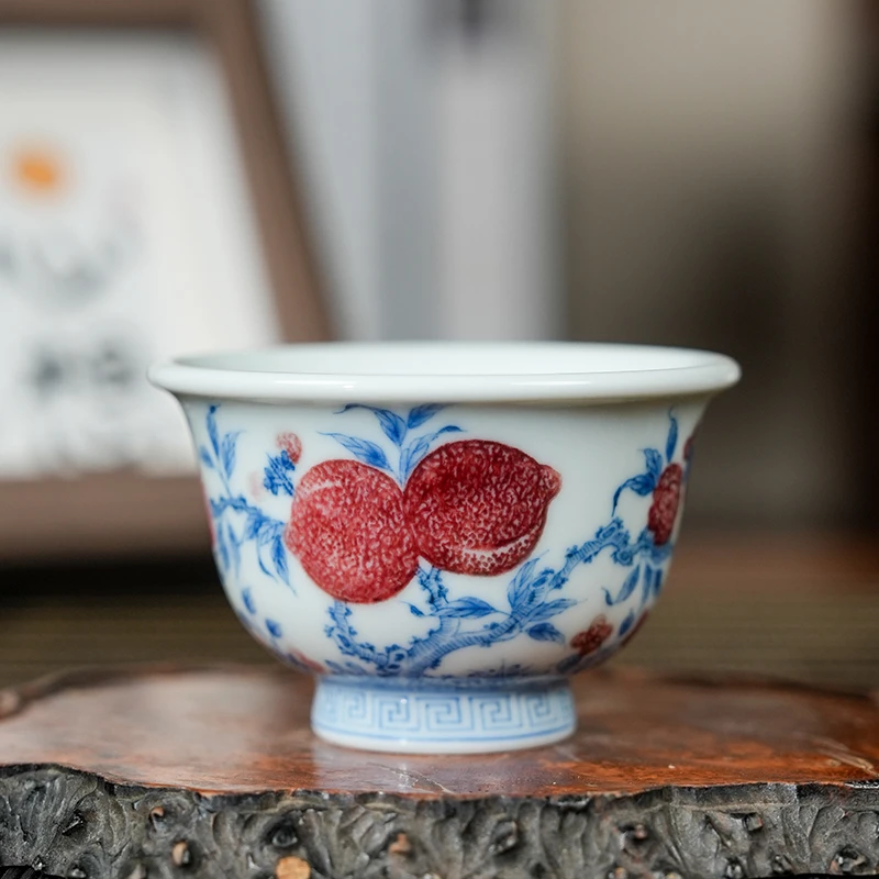 【墨舍名窑】青花釉里红双桃小压手杯yipu495