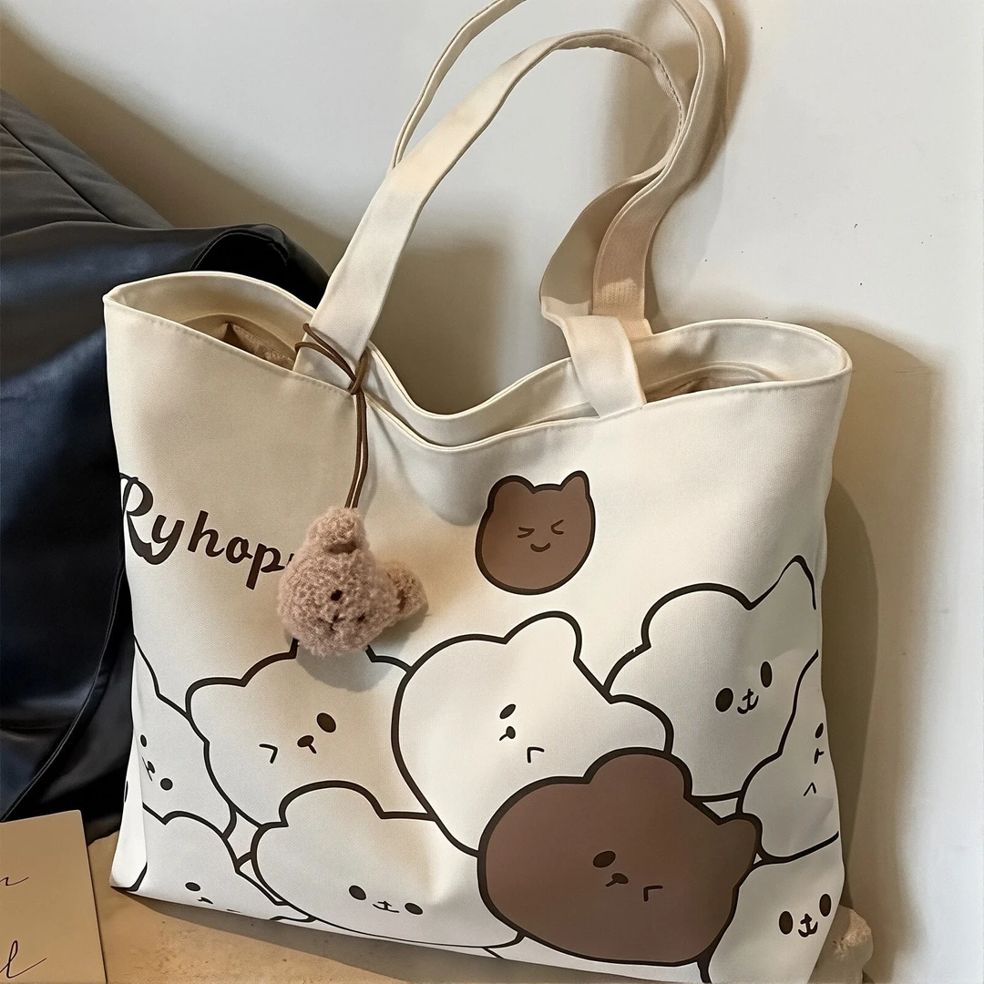 休闲大容量包包女夏新款卡通小熊帆布包大学生上课通勤单肩托特包