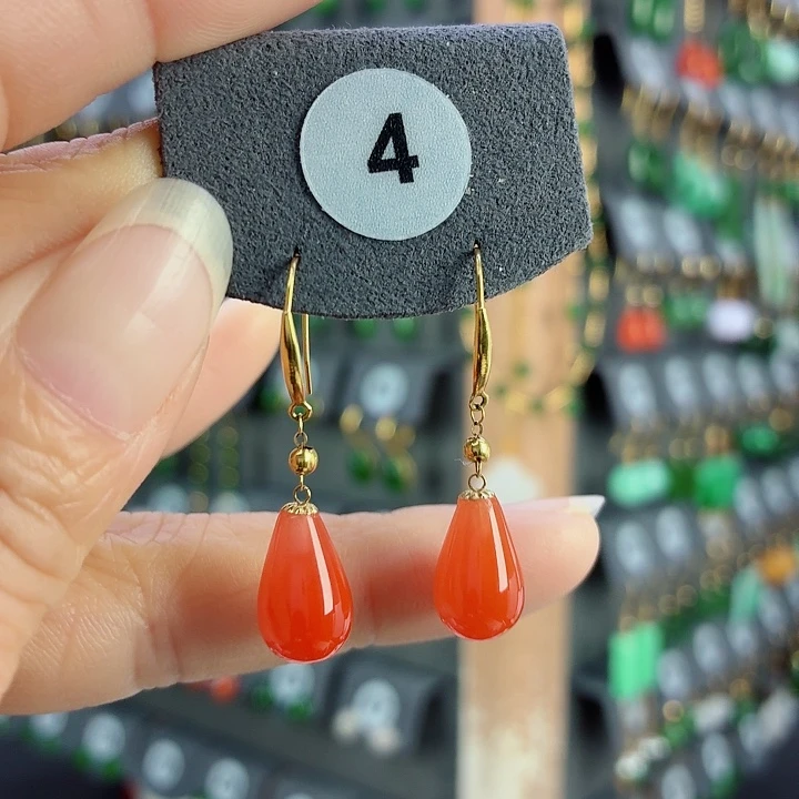 南红玛瑙18K金镶嵌耳饰