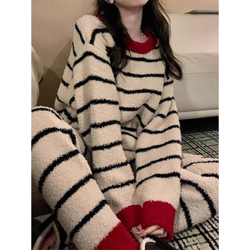 2025新款秋冬季半边绒条纹睡衣女软绵绵珊瑚绒加厚大码家居服套装