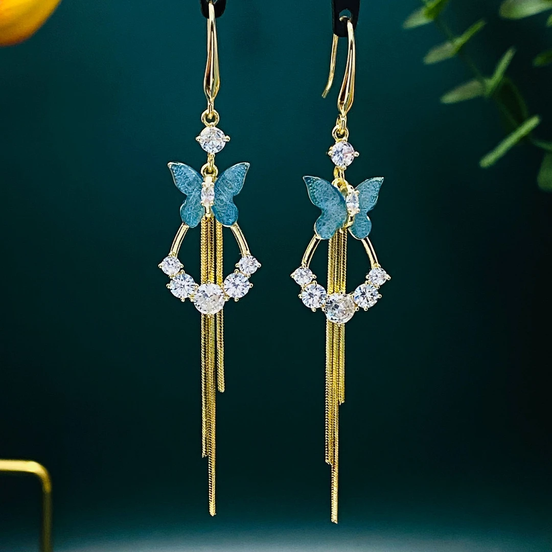 铜合金合成锆石耳饰 时尚气质轻奢仙女优雅蓝色长款流苏254耳环