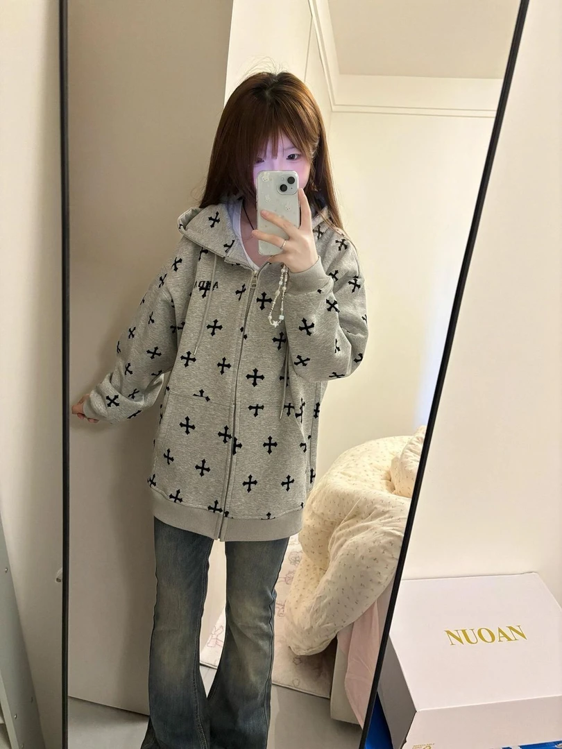 美式设计感百搭连帽卫衣女春秋季宽松显瘦拉链开衫外套甜酷学院风