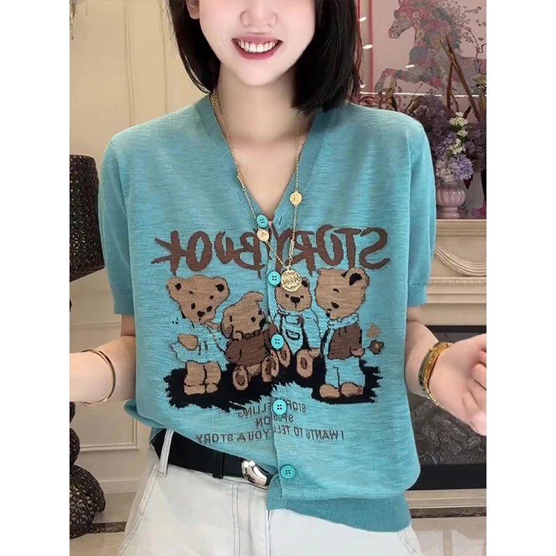 卡通小熊V领针织开衫女2025夏新款百搭减龄五一洋气出街服装上衣