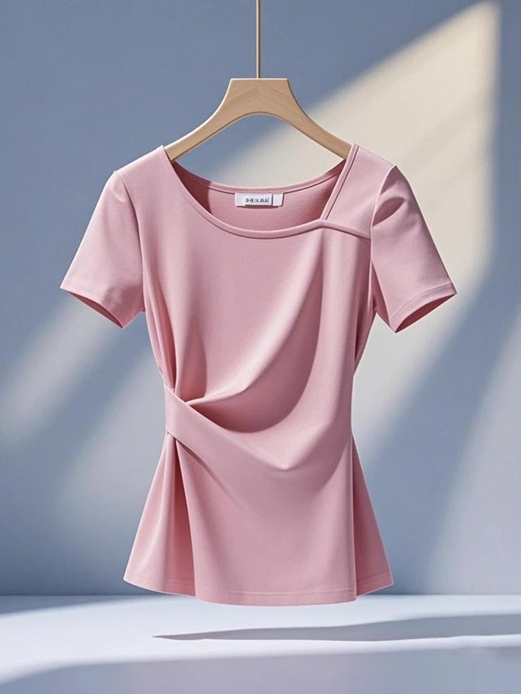 今年流行爆款多巴胺轻奢独特漂亮上衣女夏季时尚洋气粉色短袖T恤