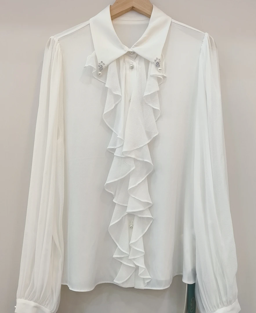 碧海甜心蚕丝衬衣衬衫女款外穿外搭衬衫立体木耳边衬衣职业装衬衣