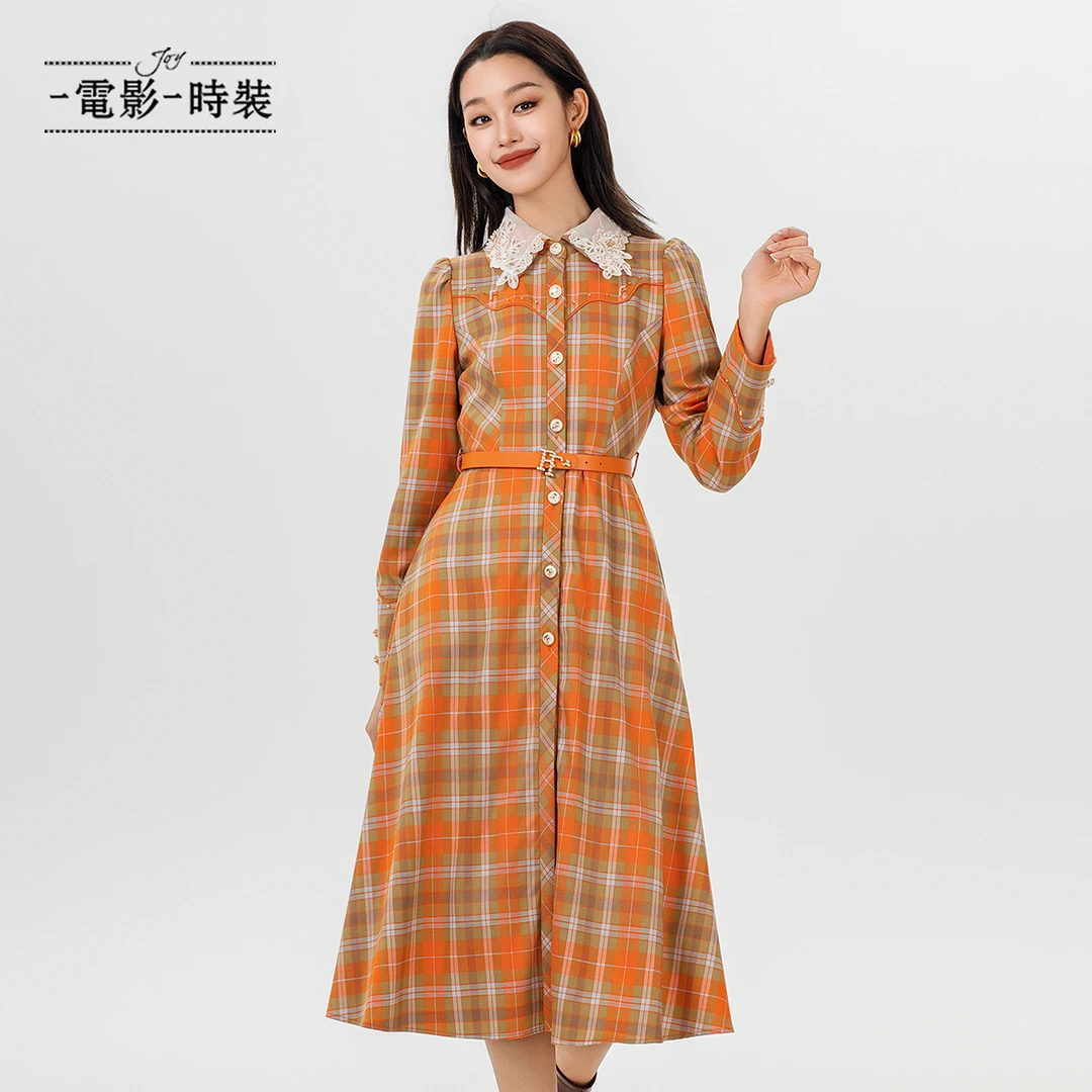 【九月专属】一电影一时装复古气质格纹长袖高档连衣裙DFEEL111819