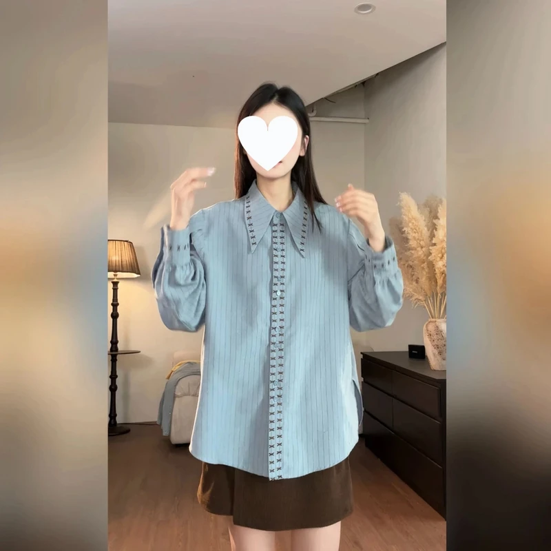 紫一设计感polo领蓝色条纹长袖衬衫女春季宽松显瘦气质叠穿上衣潮