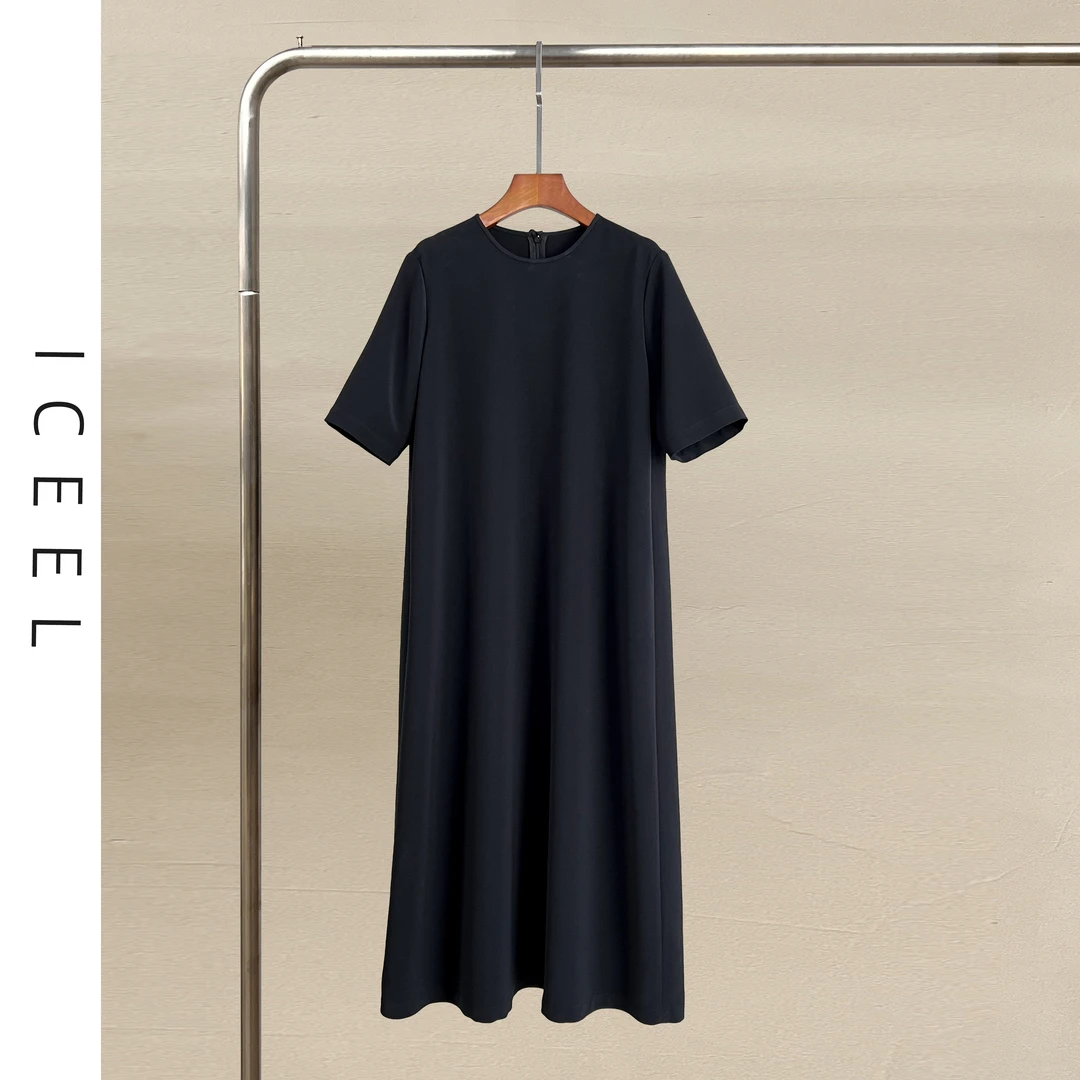 原创轻奢百搭短袖连衣裙女夏季新款经典黑色宽松显瘦气质通勤长裙