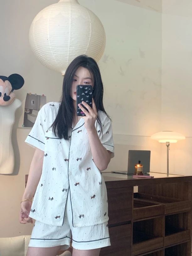 【波点腊肠狗】韩版ins童趣卡通小狗印花睡衣女夏季短袖学生家居服