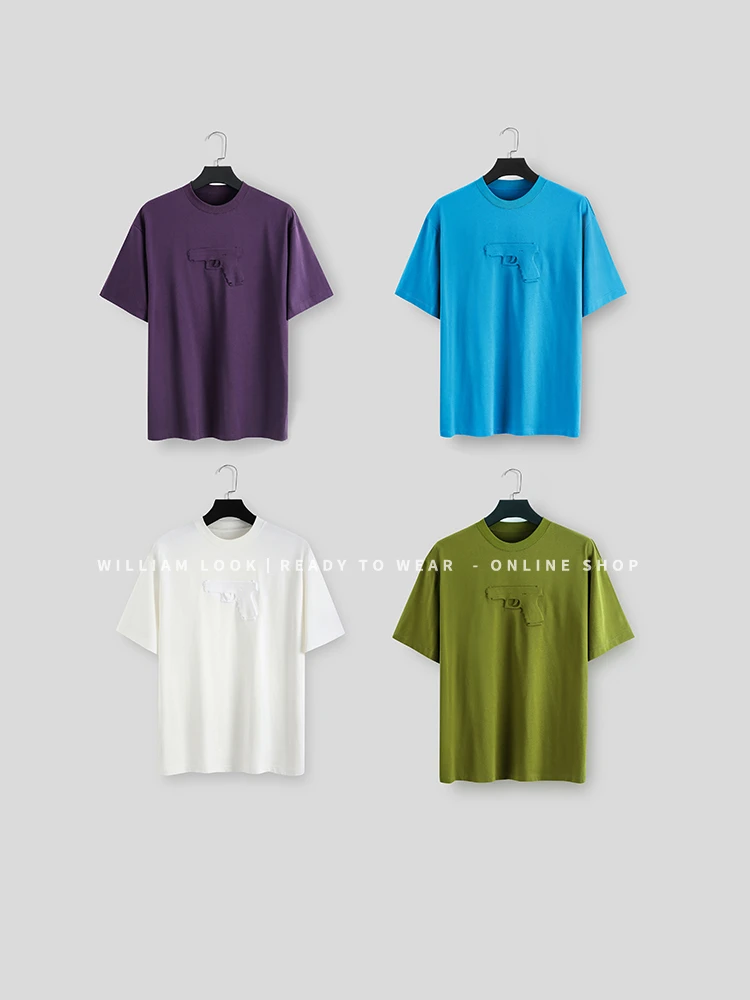 威廉威 男女同款【手枪T】冲压立体浮雕手枪宽松短袖T恤A950