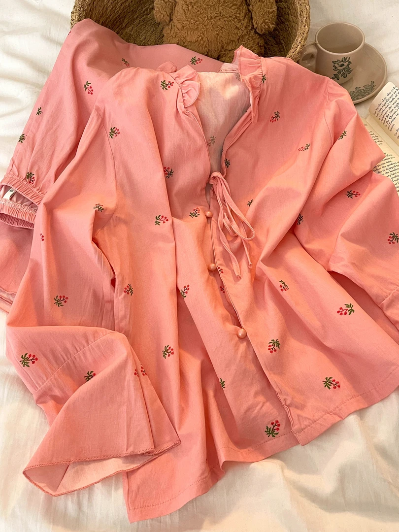 新中式印花棉纱睡衣秋冬款女高级感复古大码舒适家居服套装可外穿