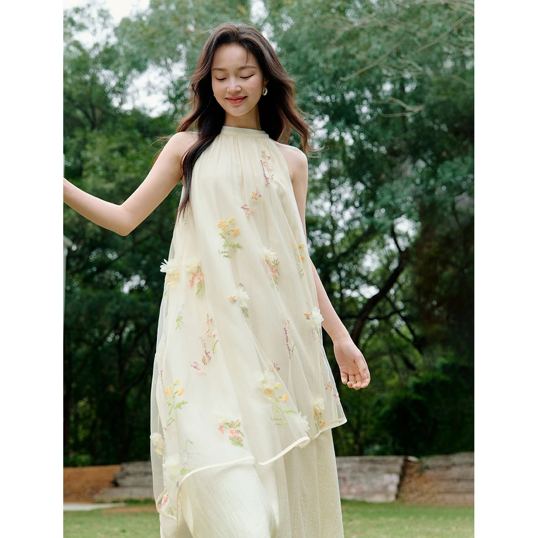 【王雪糕专属】茵曼无袖挂脖连衣裙海边度假沙滩长裙子W18528380