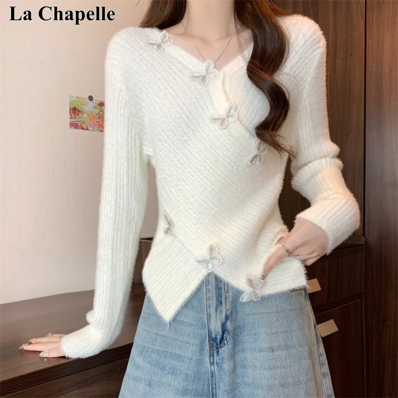 拉夏贝尔秋冬季设计感交叉蝴蝶结毛衣内搭时尚气质针织衫上衣女款