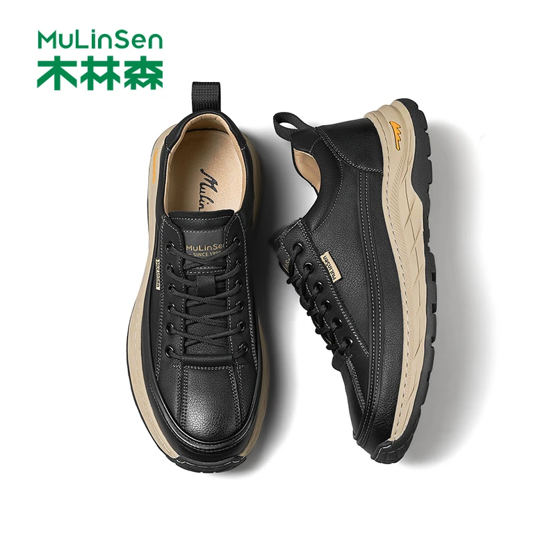 木林森男鞋2025新款秋季工作百搭皮面防水软底防滑运动时尚休闲鞋