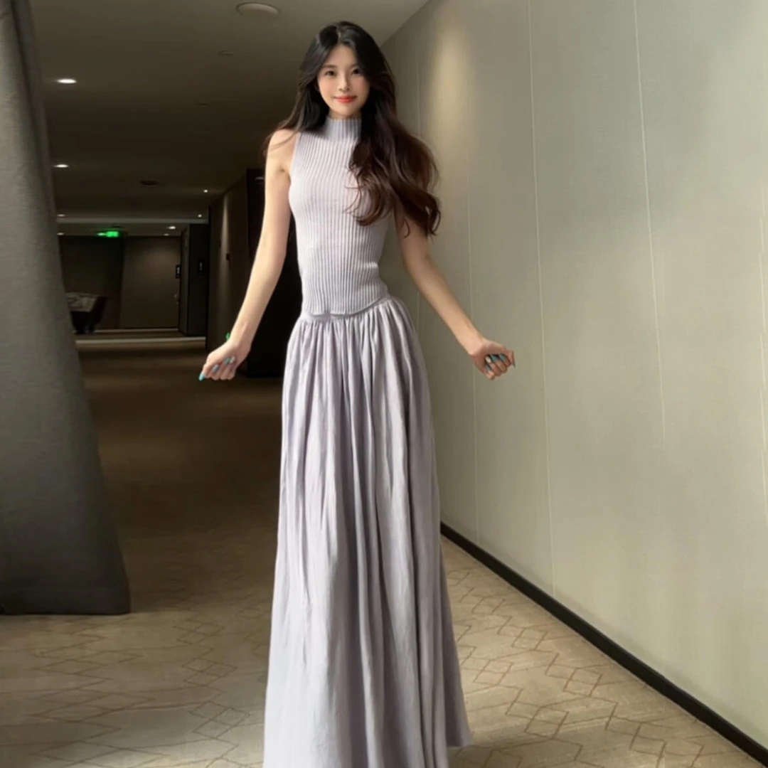 夏季2025新款法式紫色无袖背心连衣裙子女气质高级感穿搭套装长裙