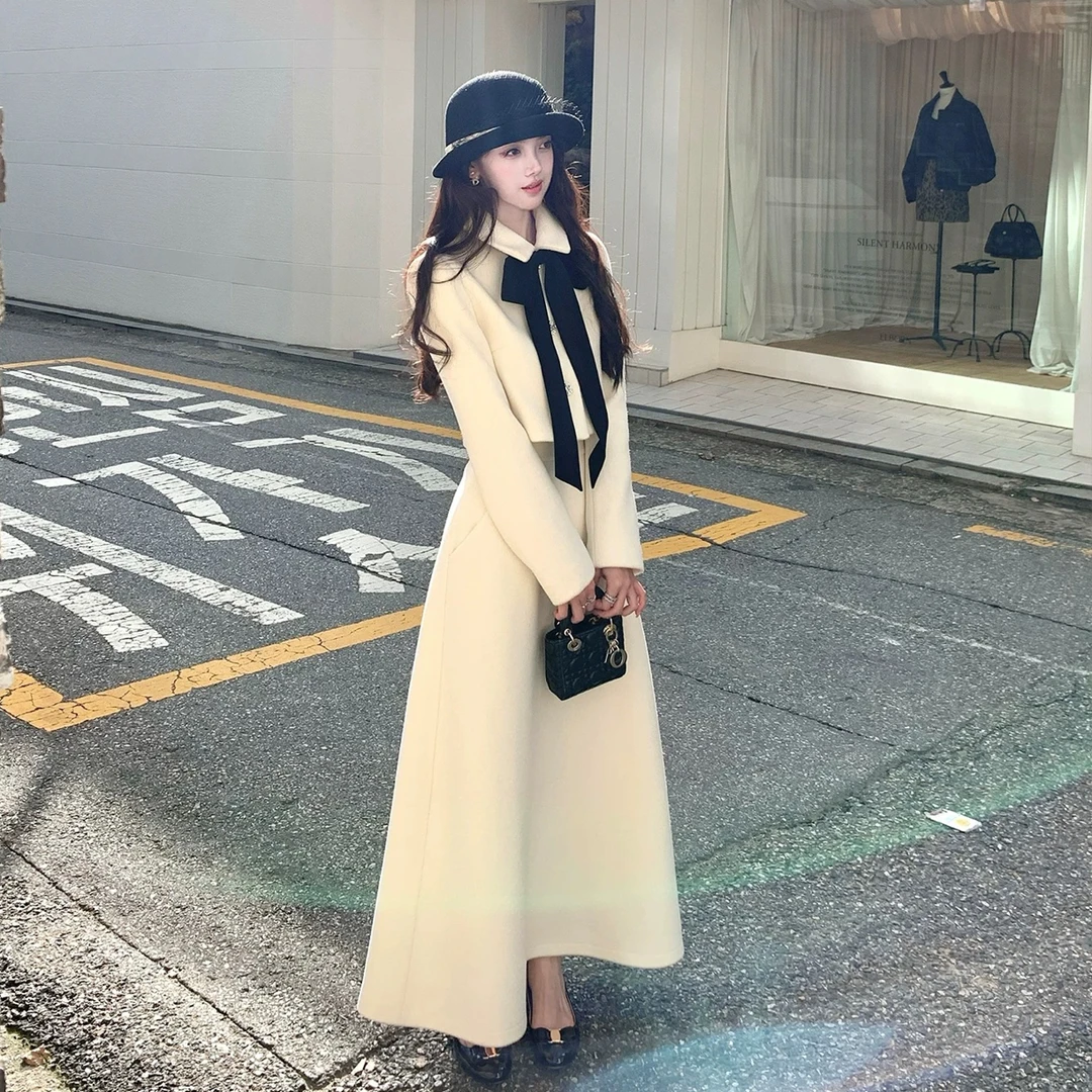 元元子专属冬新款法式高级矜贵千金风呢子外套高腰半身裙两件套女